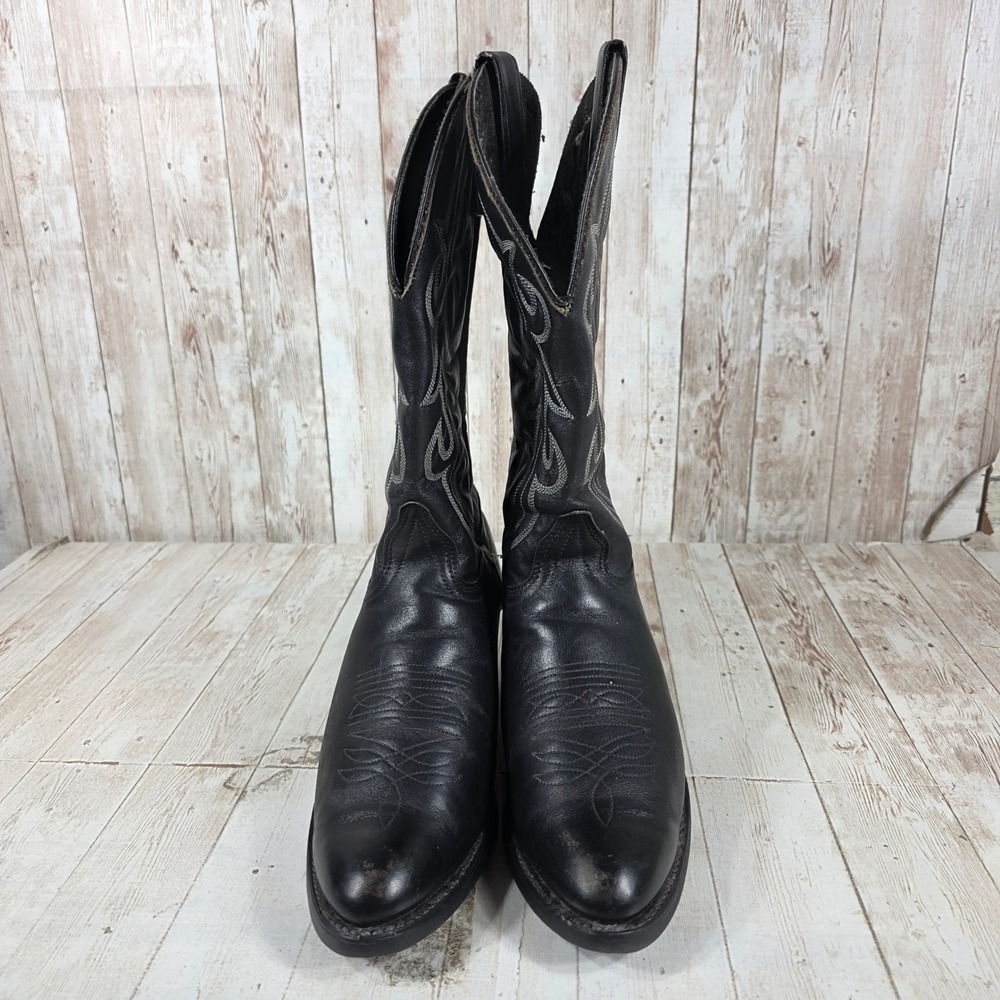 Womens Black Leather Western Cowboy Boots Contrast Stitch Pointed Toe Pull On - Picture 4 of 8